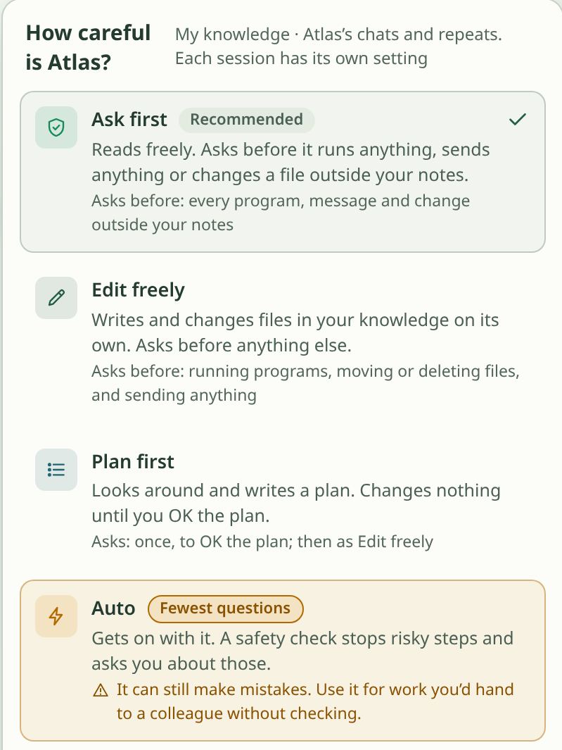 The How careful is Atlas? picker in Juggr with four levels: Ask first (recommended and selected), Edit freely, Plan first and Auto. Each level says what Atlas does on its own and what it asks about first. Auto warns that it can still make mistakes.