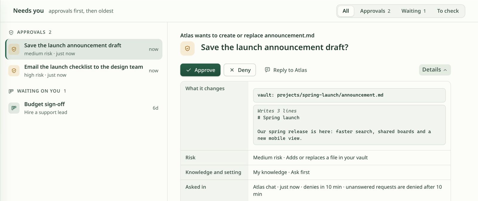 The Needs you screen in Juggr. Atlas asks to save the launch announcement draft, with Approve, Deny and Reply to Atlas buttons. The open details show the file it will write, the three lines it writes, the risk (medium, adds or replaces a file in your vault), the knowledge and setting it runs under, and that unanswered requests are denied after 10 minutes.